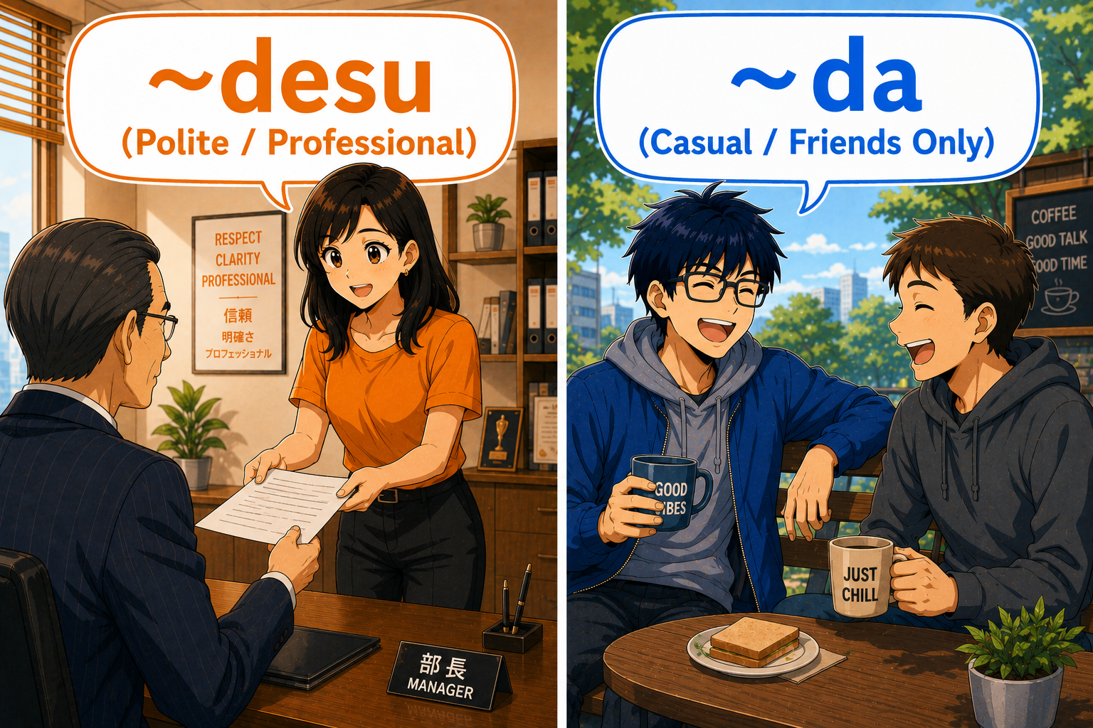 「〜です」と「〜だ」のフォーマル度の違い